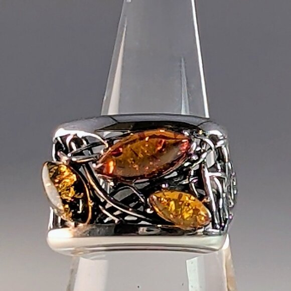 Sterling Silver Ring With Amber Gemstones & Unique Filigree Design - Picture 2 of 13